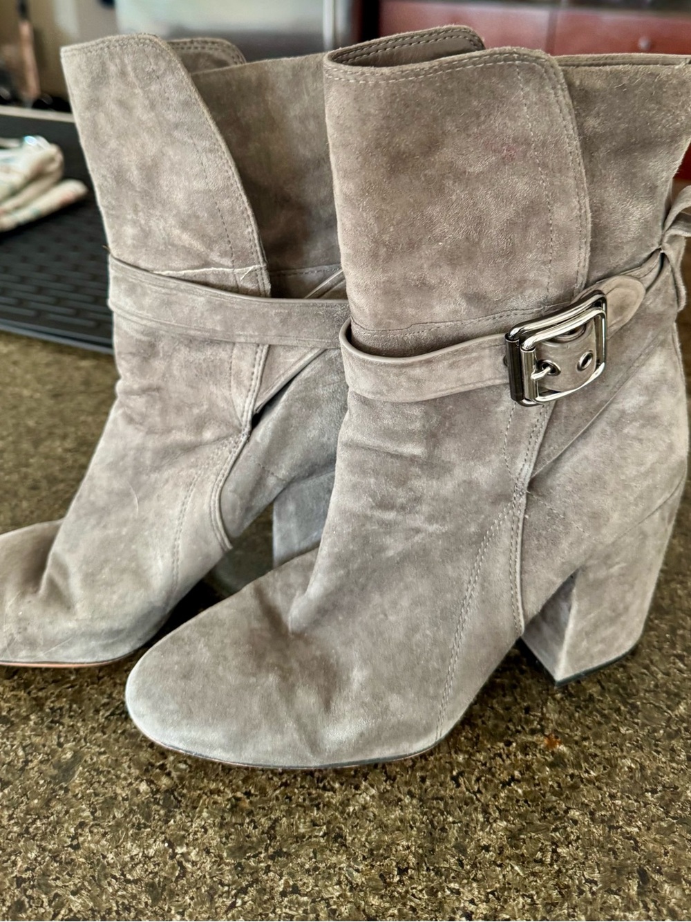 Vince Camuto Gray Suede Buckle Block Heel Ankle Boots